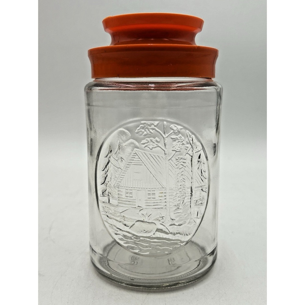 Anchor Hocking Tang "Cabin" Glass Storage Jar Orange Lid Vintage